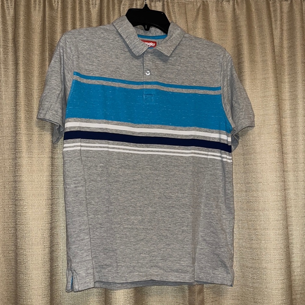 Wrangler Boys XXL (18) Gray Polo with Blue and White Stripes